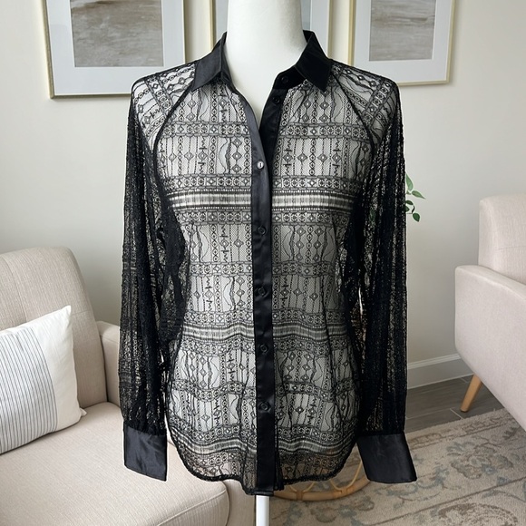 New Jason Wu Black Lace Satin Trim Raglan Sleeve Button Down Overshirt Blouse - Picture 1 of 16
